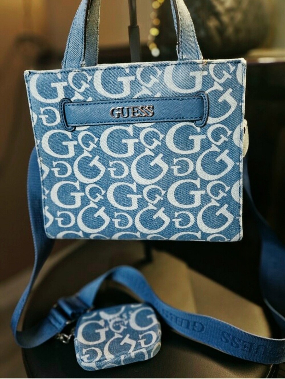 💥Sale💥GUESS Blue Denim Logo Monogram Mini Crossbody Shopper with Coin Pouch
